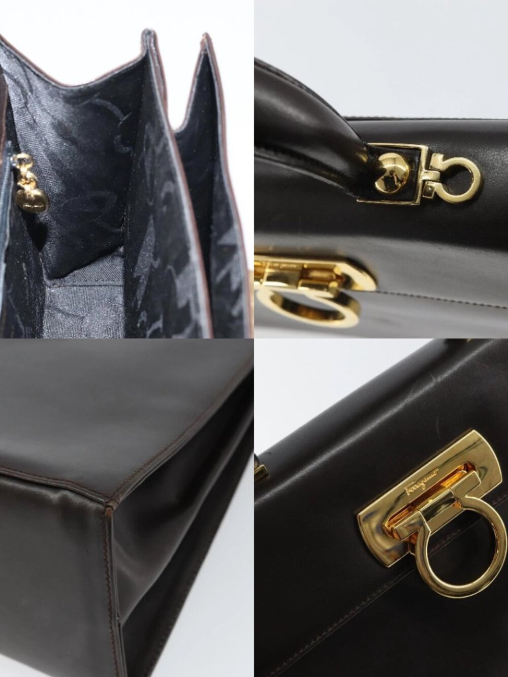 Salvatore Ferragamo Gancini Hand Bag Leather 2way Brown Gold Auth 162468 - Picture 14 of 15